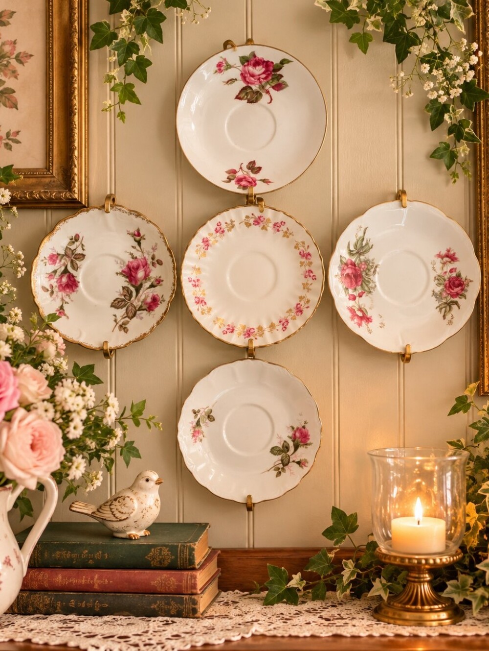 Curated Set of 5 Vintage Rose China Saucers – Cottage / Shabby Chic